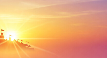 Fototapeta premium Ram Navami Sunrise with Ayodhya Temple Silhouettes