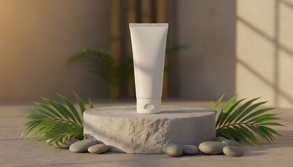 Minimalist Skincare Tube Displayed on Stone Pedestal with Tropical Leaves and Pebble