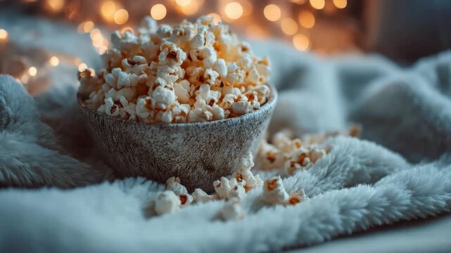 Popcorn sits in a bowl on a soft blanket, creating a cozy atmosphere with warm bokeh lights