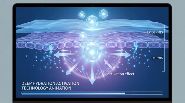 Deep hydration activation technology animation, showing light penetration and smooth skin waves, with epidermis and dermis layers, glowing effect, and scientific visualization