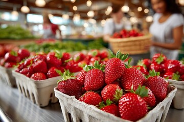  Cajas llenas de fresas maduras se exhiben en un mercado cubierto con ambiente cálido y compradores desenfocados al fondo.