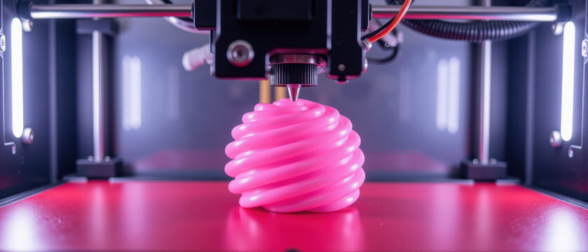 3D printer pink filament spiral object technology modern plastic innovation manufacturing closeup equipment. 3D printer creates pink spiral object