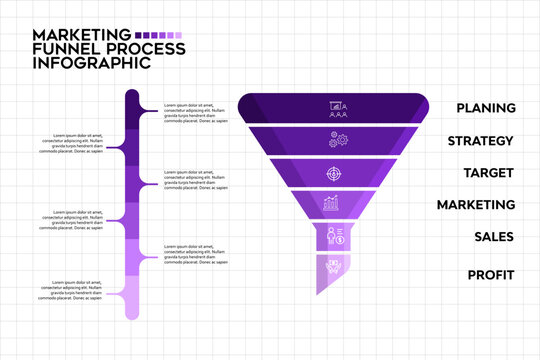 Vector sales funnel with arrows for marketing and startup business. Infographic template. Can be used for presentation slide. 6 steps, parts, options.