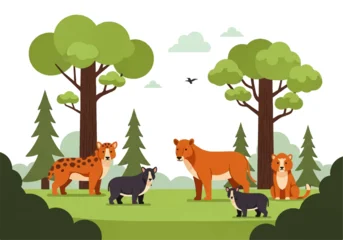 Fotobehang Zoo Vector flat design illustration of various animals, including a fox, cheetah, and dog, standing together in a forest clearing with trees and bushes, creating a lively scene.  © denijulianto
