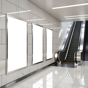 Modern subway station interior featuring three blank illuminated poster frames beside escalator, clean marble walls, minimalist architecture, empty advertising mockup template for branding presentatio