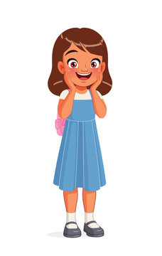 Happy excited little Indian girl in school uniform with hands on cheeks. Cartoon vector illustration isolated on white background.