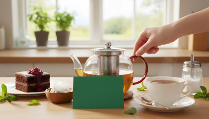 Cozy Tea Time With Teapot, Cup, Cake, And Mint Garnish In Bright Kitchen S