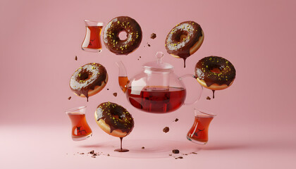 Floating Donuts And Teapot Surrounded By Tea Glasses In A Soft Pink Studio Scene