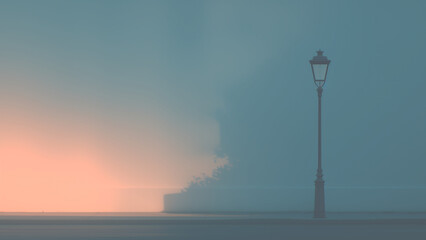 夕暮れ時の霧の中に立つ一筋の街灯とシルエット背景