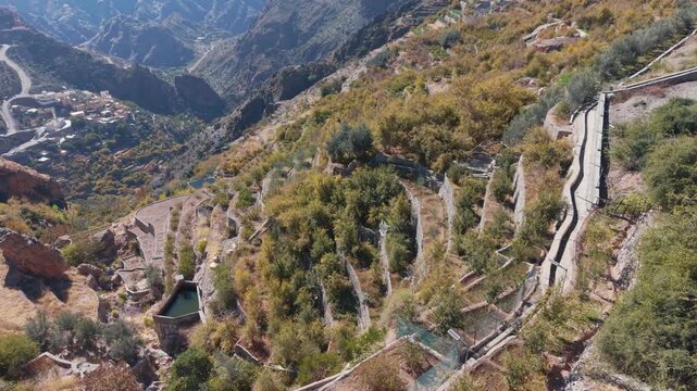 Aerial view of traditional terraced farms with falaj irrigation in Al Shuraijah, Oman