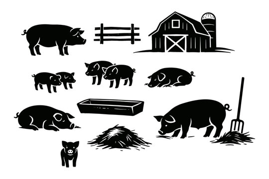 Silhouette illustrations of pigs and barnyard scene