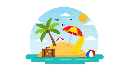 Obraz premium Tropical beach vacation with luggage and umbrella.