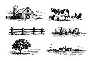 Obraz premium Rustic farm scenes: barn, animals, hay, and landscape illustrations