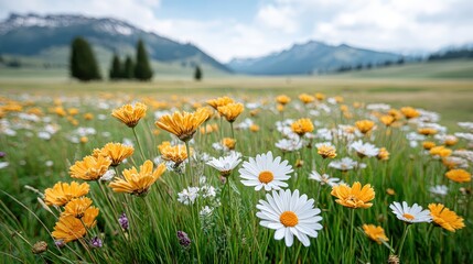 Obraz premium Vibrant Yellow and White Flowers in a Scenic Mountain Meadow