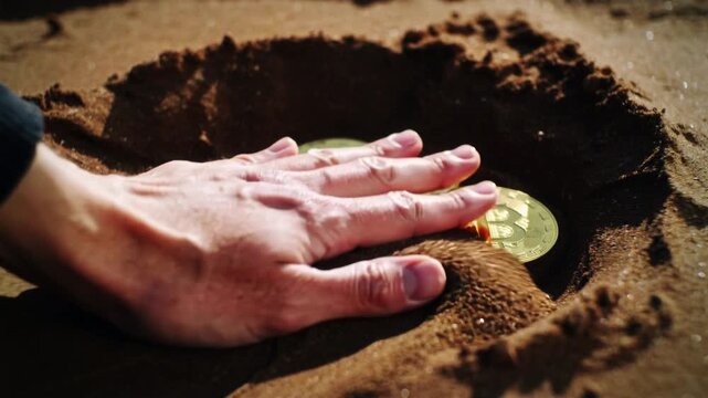 Hand Buries Golden Bitcoin Coins in Sand Hole for Safekeeping