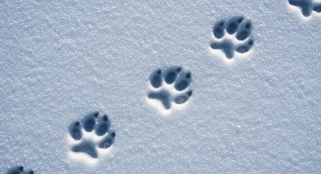 Paw prints of an animal in fresh white snow, winter nature detail