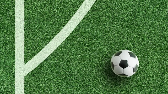 4K 3D soccer field background with ball near a curved sideline marking. Clean composition with large copy space for text, titles and graphics. Ball can be composited separately with alpha channel. 