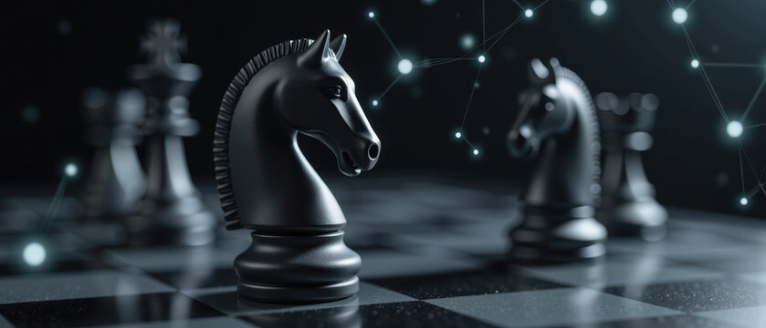 Black chess knight chessboard strategy intelligence competition game focus planning abstract digital