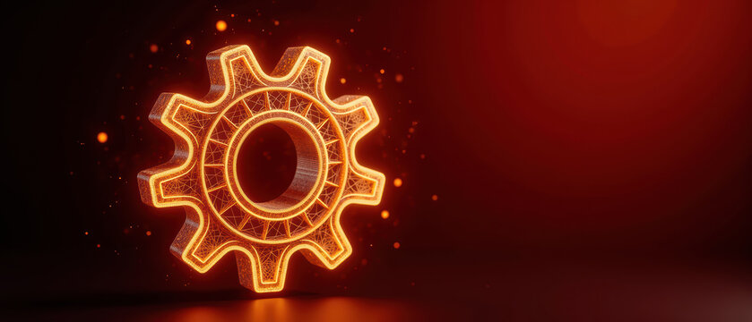 Gear cog glowing orange technology 3D digital abstract futuristic background vibrant illuminated engineering innovation energy concept modern
