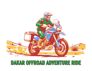Dakar offroad adventure ride illustration. Motorcycle rally graphic print design. Adventure touring motorcycle artwork. Desert racing extreme sport de © panji