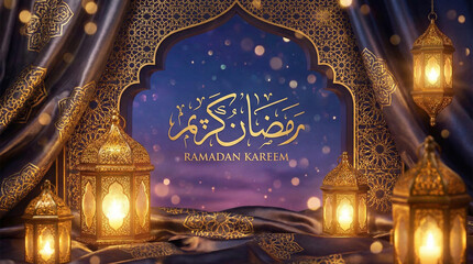 Fototapeta premium Elegant Ramadan Kareem background with glowing lanterns, intricate gold patterns, and mystical night sky, perfect for cultural celebrations