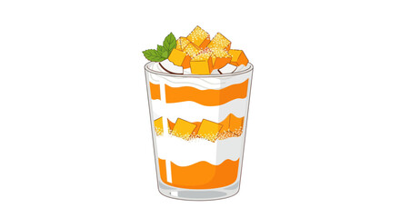 Delicious Mango Parfait Dessert in a Glass with Cream and Mint Leaf. © Berkah