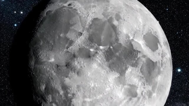 Detailed close up of the textured surface of the Moon showing craters and maria