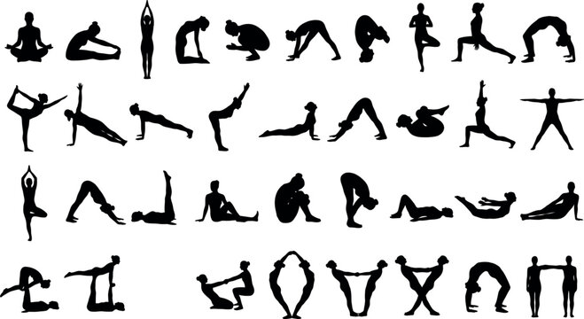 Big collection of female yoga poses silhouettes vector illustration
