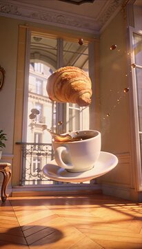 Ai coffee croissant breakfast splash with flying pastry and levitation cup and saucer in cozy elegant french cafe interior fantasy morning sunlight creativity crystal warm wood floor magic moment