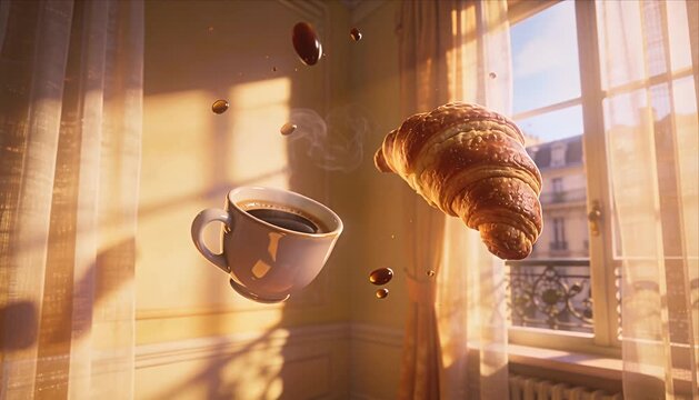 Coffee croissant breakfast morning sunlight window ai creativity crystal cup steam swirling in warm air dreamy fantasy scene with floating breakfast Paris balcony warm morning light