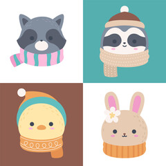 Cute Winter Animal Head Set Raccoon Sloth Chick Rabbit Flat Vector