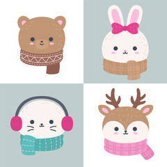 Cute Winter Animal Head Set Bear Rabbit Seal Reindeer Flat Vector
