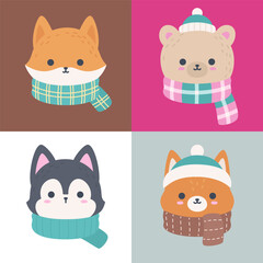 Cute Winter Animal Head Set Fox Bear Wolf Squirrel Flat Vector