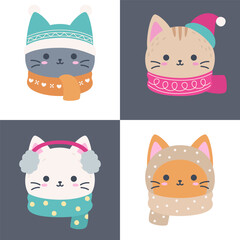 Cute Winter Cat Head Set with Hat and Scarf Flat Vector