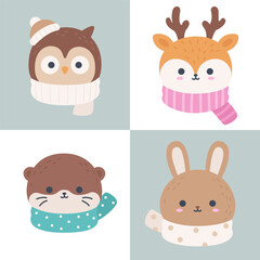 Cute Winter Animal Head Set Owl Deer Otter Rabbit Flat Vector