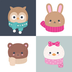 Cute Winter Animal Head Set Owl Rabbit Bear Duck Flat Vector