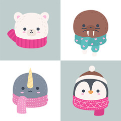Cute Winter Arctic Animal Head Set Polar Bear Walrus Narwhal Penguin Flat Vector