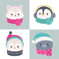 Cute Winter Arctic Animal Head Set Arctic Fox Penguin Snowy Owl Seal Flat Vector