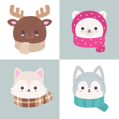 Cute Winter Arctic Animal Head Set Moose Polar Bear Arctic Fox Arctic Wolf Flat Vector