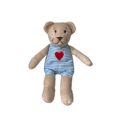 Teddy bear plush toy wearing striped swimsuit with heart