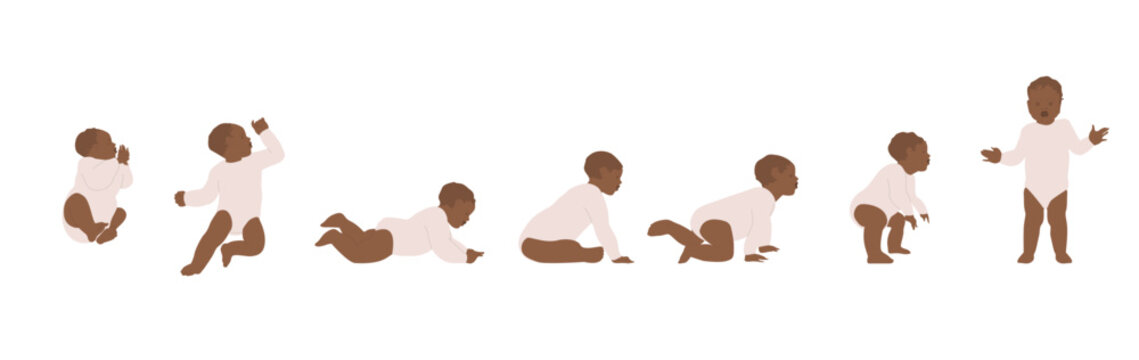 Set of baby growth process, newborn, toddler development. Early childhood, child evolution progress, sitting, crawling, growing up boy in flat cartoon vector illustration isolated on white background.