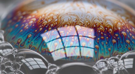 Fototapeta premium Extreme close-up of soap bubbles with swirling iridescent colors and reflections, abstract and mesmerizing