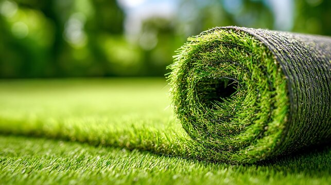Artificial grass roll unrolled on a bright sunny day