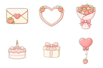 Strawberry Valentine Decorative Clipart Set &ndash; Cute Romantic Elements Collection