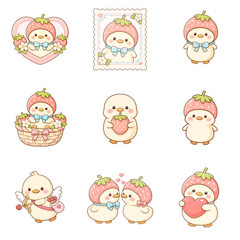 Cute Strawberry Chick Valentine Sticker Set &ndash; Kawaii Love Bird Clipart Collection