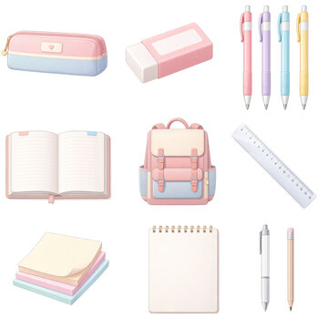 Pastel School Supplies Icon Set &ndash; Backpack Notebook Pens Eraser Cute Stationery Collection