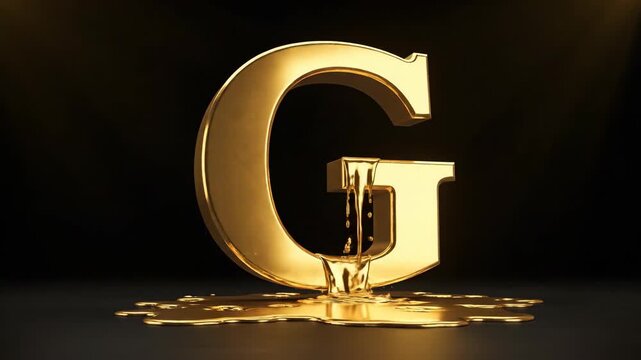 Molten gold letter G drips and pools on dark surface with dramatic lighting
