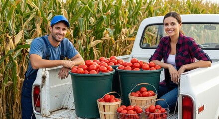 Obraz premium Smiling farmers showcase abundant harvest of ripe red tomatoes in vintage truck, creating a joyful rural farm scene