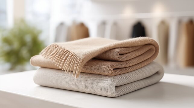 Minimalist fashion retail display featuring neatly folded beige and cream blankets on a clean table, with soft lighting and blurred clothing in the background