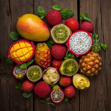Tropical Fruit Medley: A vibrant collection of exotic fruits, each bursting with unique textures and colors, artfully arranged on a rustic wooden surface, creating a visual feast of nature's bounty.
